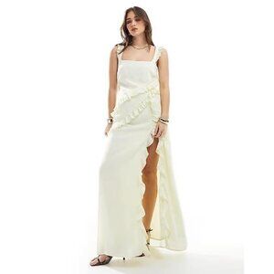 THE FROLIC Women's Ruffle Drape Detail Square Neck Thigh Split Maxi Dress Size M